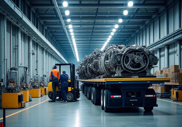 Industrial equipment and automotive parts being loaded for transport